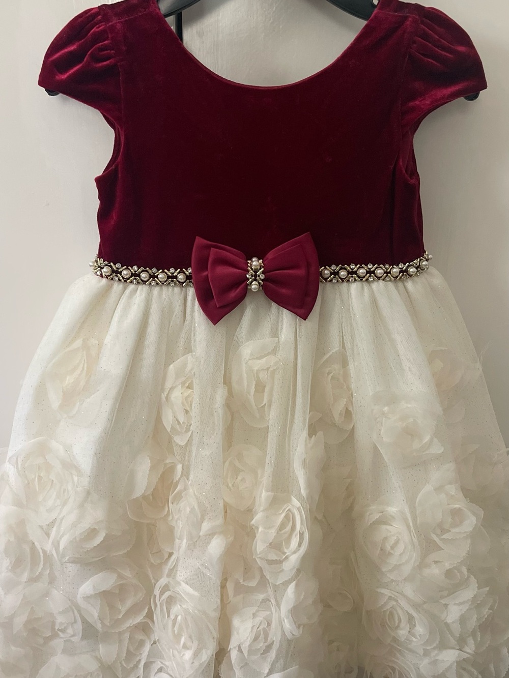 Girls Velvet & Floral Tulle Party Dress in Burgundy and Cream